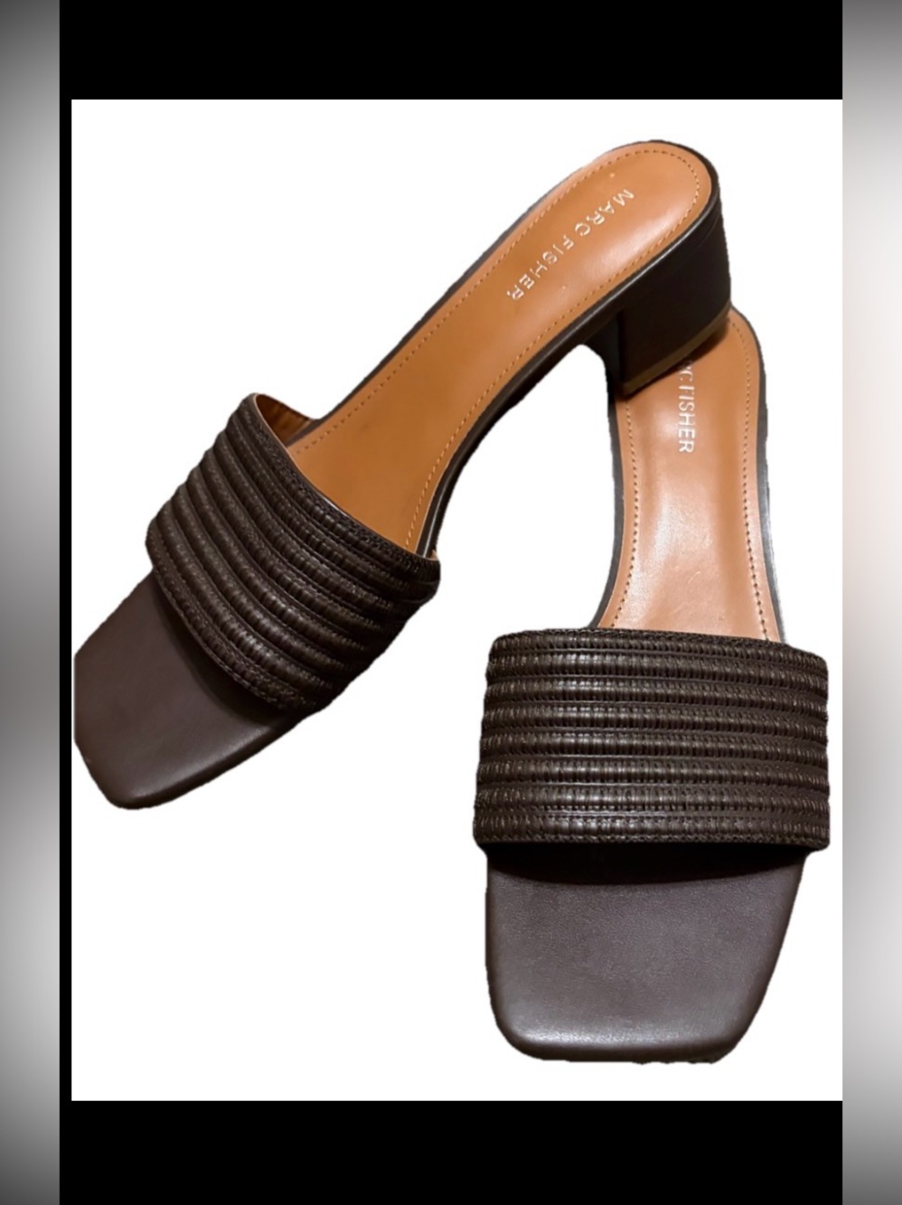 Marc Fisher Brown Ribbed Strap Low Block Heel Slides